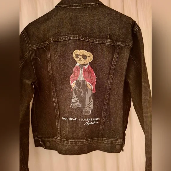 Polo Bear Ralph Lauren Rare Black Denim Jean Jacket - Picture 1 of 3